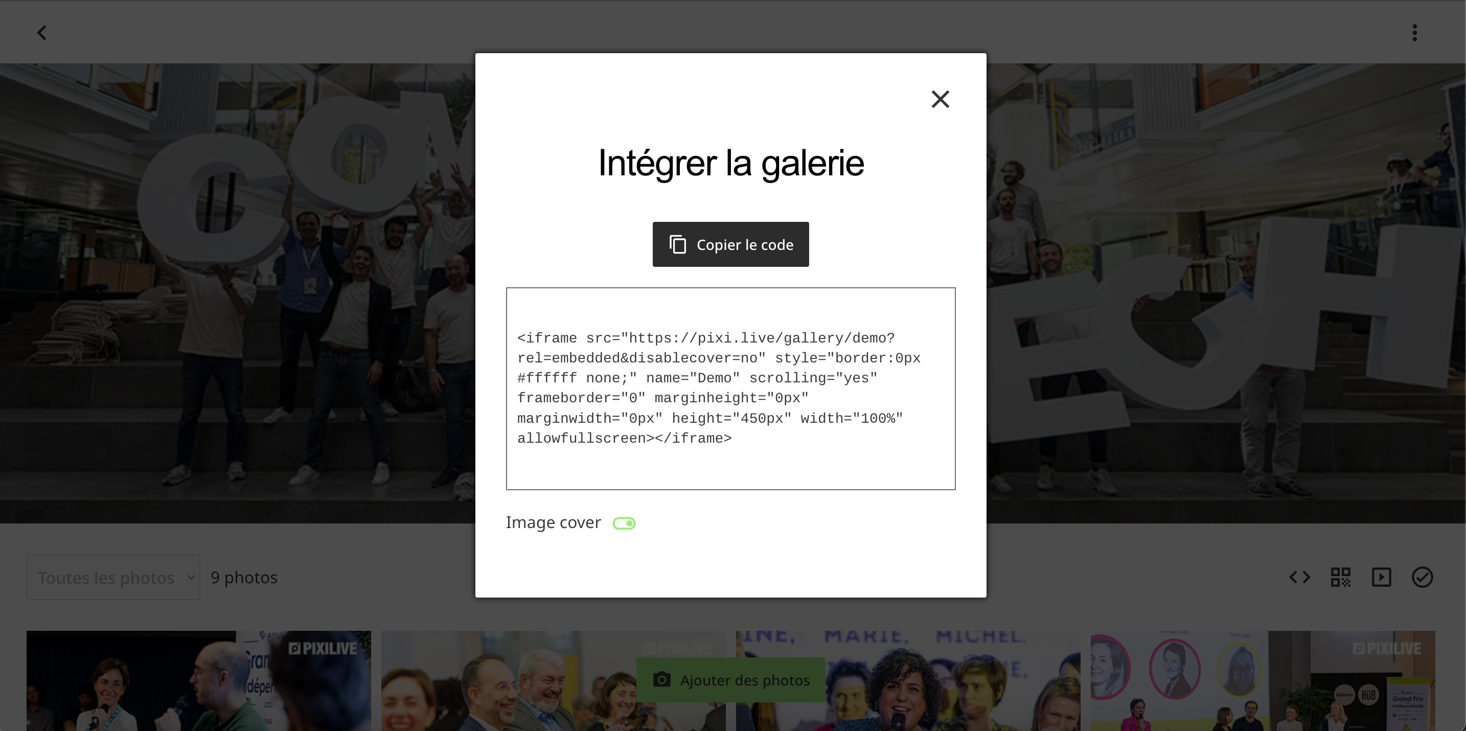 aperçu code iframe galerie Pixilive