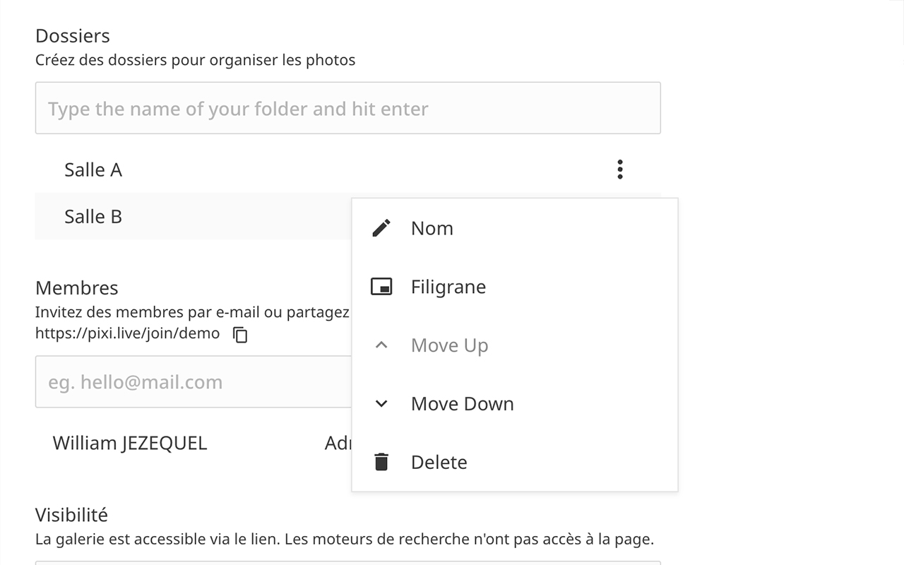 Capture d'écran de l'application pour modifier le watermark du dossier